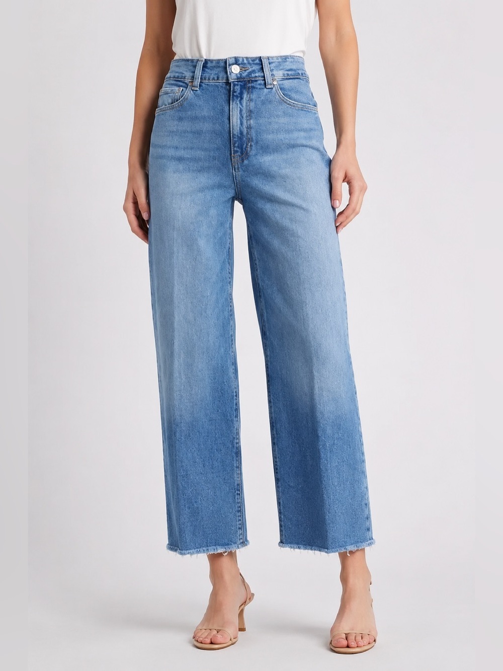 Paige Sasha wide leg jeans blue raw hem size 27 high rise medium wash revolve